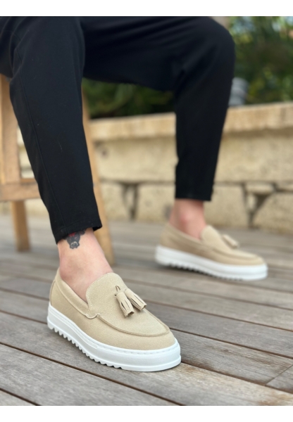 MirgeShoes Krem Bağcıksız Püsküllü Erkek Casual Ayakkabı Keten Yüksek BYZ Taban MRG010602472