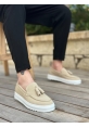 MirgeShoes Krem Bağcıksız Püsküllü Erkek Casual Ayakkabı Keten Yüksek BYZ Taban MRG010602472