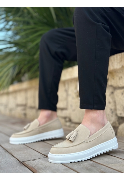 MirgeShoes Krem Bağcıksız Püsküllü Erkek Casual Ayakkabı Keten Yüksek BYZ Taban MRG010602472