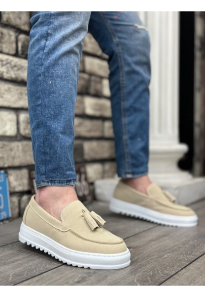 MirgeShoes Krem Bağcıksız Püsküllü Erkek Casual Ayakkabı Keten Yüksek BYZ Taban MRG010602472