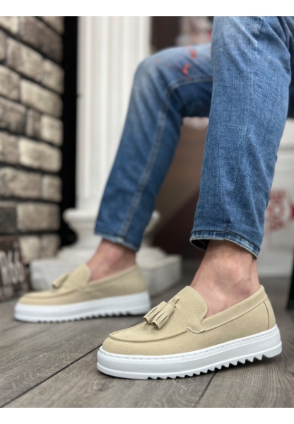 MirgeShoes Krem Bağcıksız Püsküllü Erkek Casual Ayakkabı Keten Yüksek BYZ Taban MRG010602472