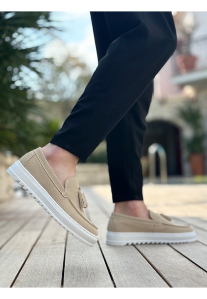 MirgeShoes Krem Bağcıksız Püsküllü Erkek Casual Ayakkabı Keten Yüksek BYZ Taban MRG010602472