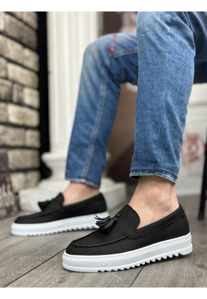 MirgeShoes Siyah Bağcıksız Püsküllü Erkek Casual Ayakkabı Keten Yüksek BYZ Taban MRG010602472