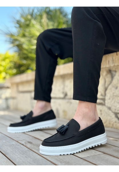 MirgeShoes Siyah Bağcıksız Püsküllü Erkek Casual Ayakkabı Keten Yüksek BYZ Taban MRG010602472