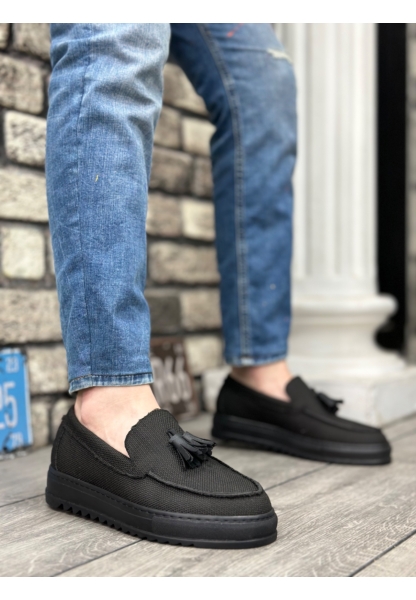 MirgeShoes Siyah Bağcıksız Püsküllü Erkek Casual Ayakkabı Keten Yüksek SYH Taban MRG010602472
