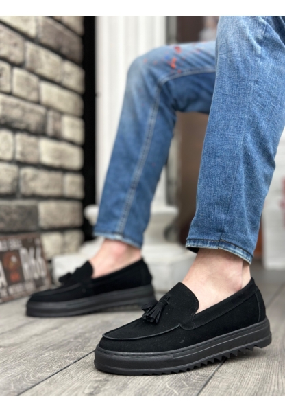 MirgeShoes Siyah Bağcıksız Püsküllü Erkek Casual Ayakkabı Süet Yüksek SYH Taban MRG010602472