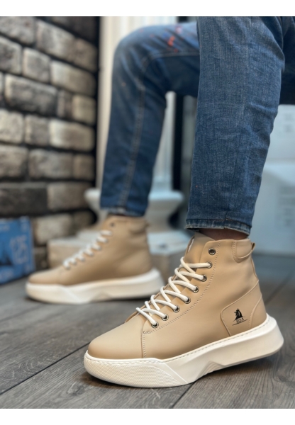 MRG0155 Bağcıklı Erkek Yüksek Taban Krem Beyaz Taban Spor Bot