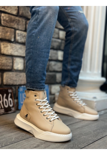 MRG0155 Bağcıklı Erkek Yüksek Taban Krem Beyaz Taban Spor Bot