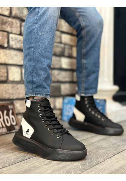 MRG0155 Bağcıklı Erkek Yüksek Taban Siyah Beyaz Spor Bot