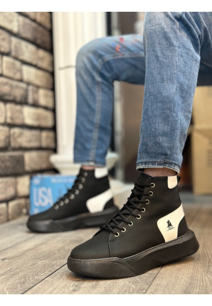 MRG0155 Bağcıklı Erkek Yüksek Taban Siyah Beyaz Spor Bot