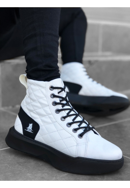 MRG0159 Bağcıklı Beyaz Kapitone Siyah Taban Erkek Yüksek Taban Spor Bot