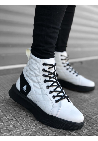 MRG0159 Bağcıklı Beyaz Kapitone Siyah Taban Erkek Yüksek Taban Spor Bot