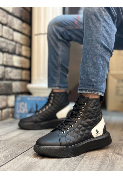 MirgeShoes Siyah-Beyaz Bağcıklı Erkek Spor Bilek Bot Kapitone Yüksek SYH Taban MRG010602477