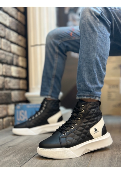 MRG0159 Bağcıklı Siyah Beyaz Kapitone Erkek Yüksek Taban Spor Bot