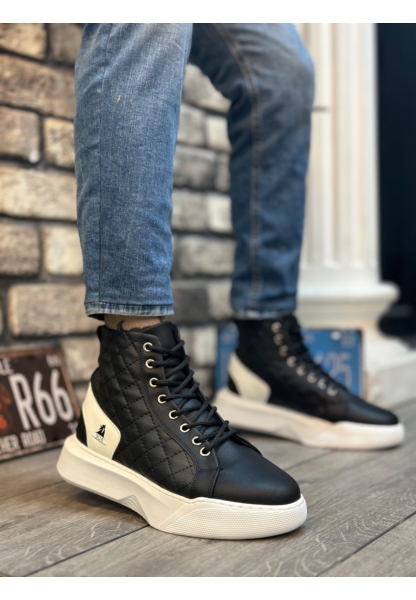 MRG0159 Bağcıklı Siyah Beyaz Kapitone Erkek Yüksek Taban Spor Bot