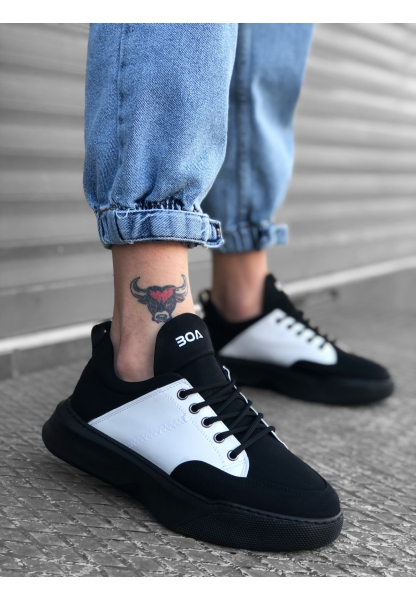 MirgeShoes Siyah-Beyaz Bağcıklı Erkek Spor Ayakkabı Yüksek SYH Taban MRG010602481