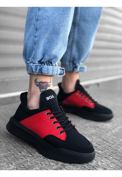 MRG0163 Bağcıklı Erkek Yüksek Taban Siyah Kırmızı Spor Ayakkabı