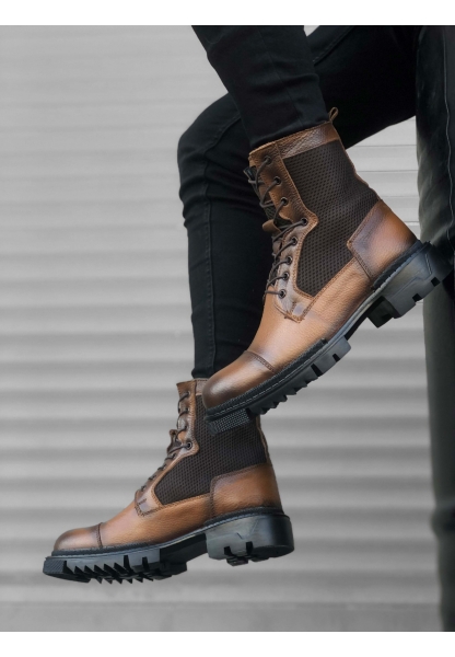 MirgeShoes Taba Bağcıklı Erkek Postal Bot İçi Dışı Hakiki Deri MRG010602501