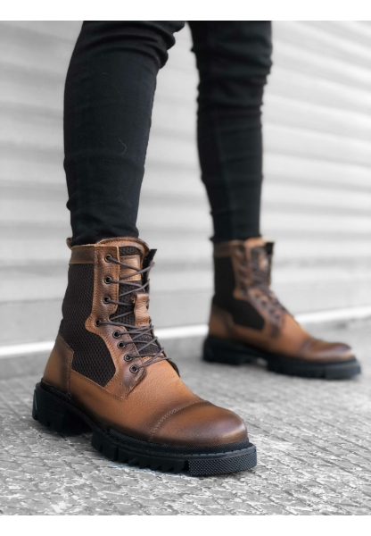 MirgeShoes Taba Bağcıklı Erkek Postal Bot İçi Dışı Hakiki Deri MRG010602501