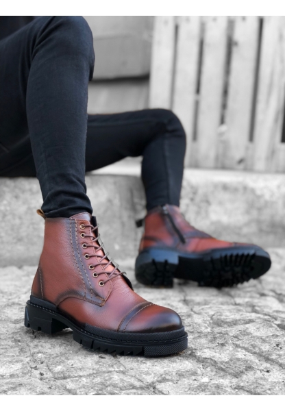 MirgeShoes Taba Fermuarlı Erkek Yarım Bot İçi Dışı Hakiki Deri MRG010602505