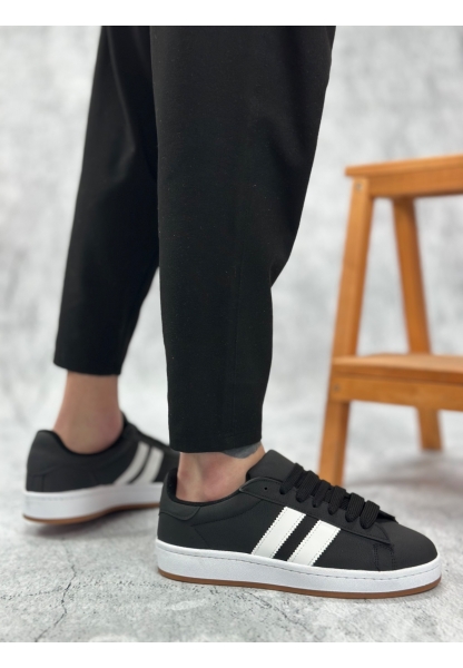 MirgeShoes Siyah Bağcıklı Erkek Günlük Ayakkabı İki Çizgili Desen Kalın BYZ Taban MRG010602553