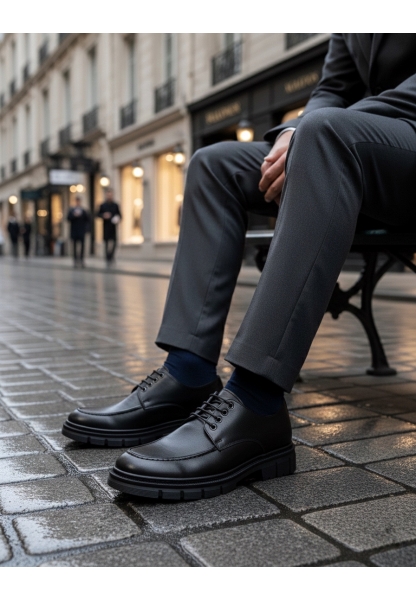 MirgeShoes Siyah Bağcıklı Erkek Klasik Casual Ayakkabı Cilt Yüksek SYH Taban MRG010602555