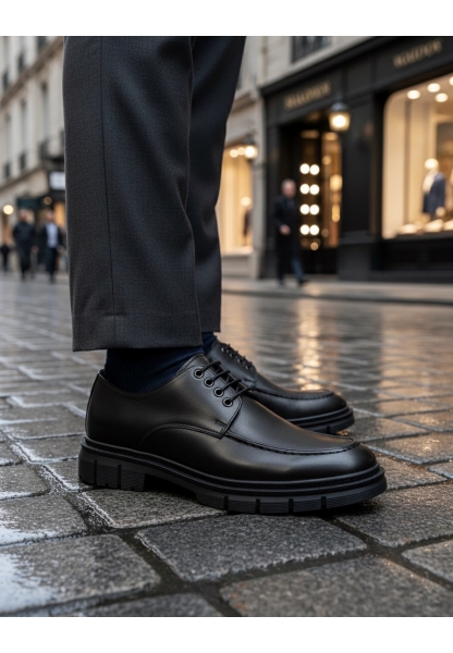 MirgeShoes Siyah Bağcıklı Erkek Klasik Casual Ayakkabı Cilt Yüksek SYH Taban MRG010602555