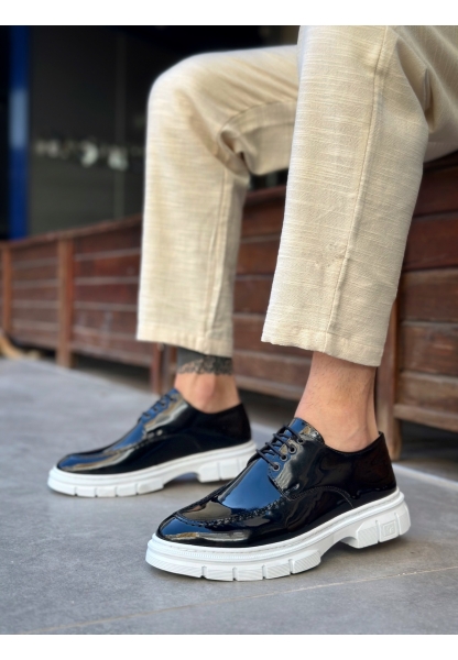 MirgeShoes Siyah Bağcıklı Erkek Klasik Rugan Casual Ayakkabı Yüksek BYZ Taban MRG010602555