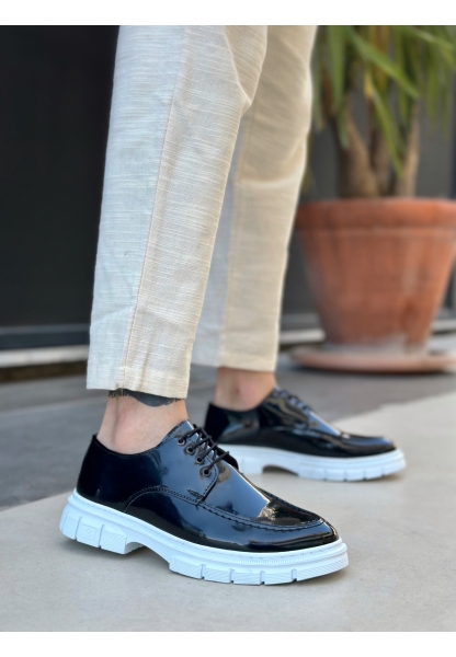 MirgeShoes Siyah Bağcıklı Erkek Klasik Rugan Casual Ayakkabı Yüksek BYZ Taban MRG010602555