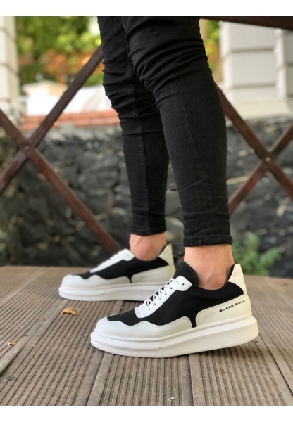 MirgeShoes Beyaz-Siyah Bağcıklı Erkek Günlük Ayakkabı Deri Yüksek BYZ Taban MRG010602556