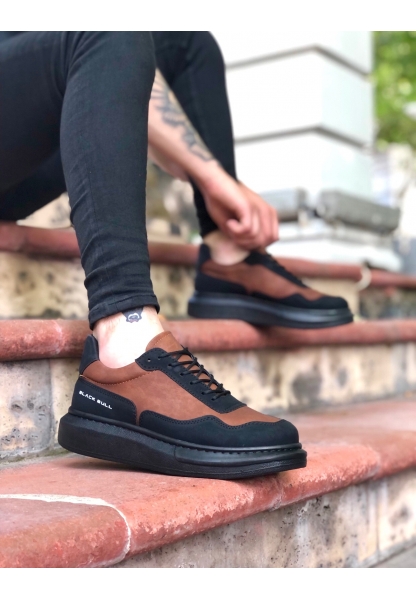 MirgeShoes Taba-Siyah Bağcıklı Erkek Günlük Ayakkabı Deri Yüksek SYH Taban MRG010602556