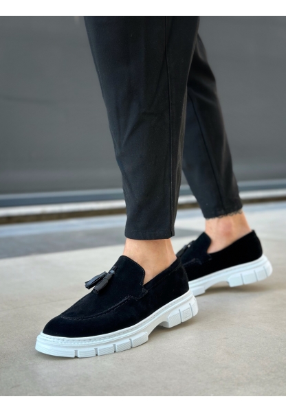 MirgeShoes Siyah Püsküllü Erkek Klasik Ayakkabı Parlak Süet Kalın BYZ Taban MRG010602558