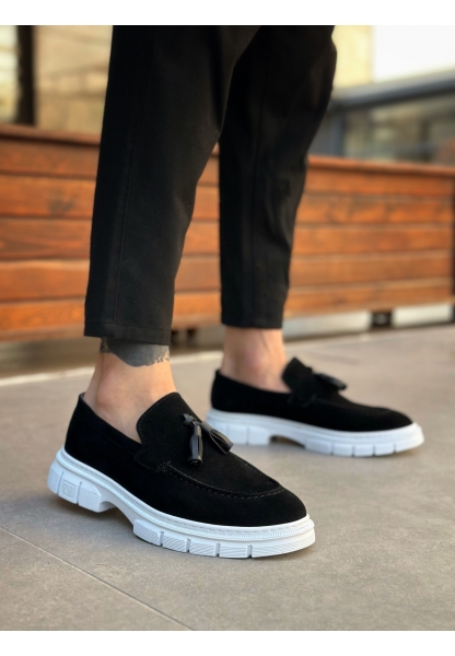 MirgeShoes Siyah Püsküllü Erkek Klasik Ayakkabı Parlak Süet Kalın BYZ Taban MRG010602558