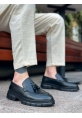 MirgeShoes Siyah Püsküllü Erkek Klasik Ayakkabı Parlak Cilt Kalın SYH Taban MRG010602558