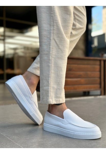 MirgeShoes Beyaz Bağcıksız Erkek Loafer Ayakkabı Kalın BYZ Taban MRG010602559