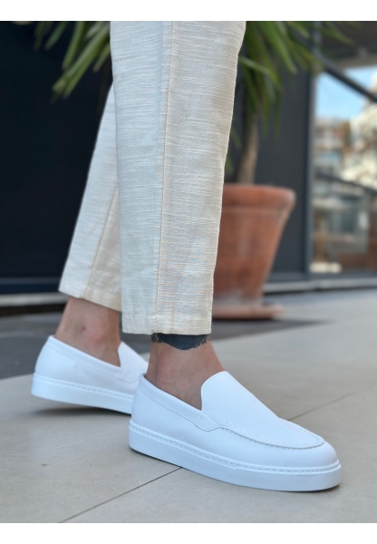 MirgeShoes Beyaz Bağcıksız Erkek Loafer Ayakkabı Kalın BYZ Taban MRG010602559