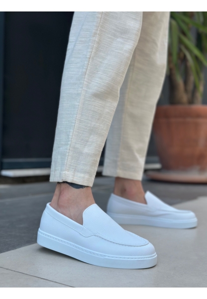 MirgeShoes Beyaz Bağcıksız Erkek Loafer Ayakkabı Kalın BYZ Taban MRG010602559