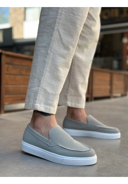 MirgeShoes Gri Bağcıksız Erkek Loafer Ayakkabı Kalın BYZ Taban MRG010602559
