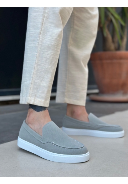 MirgeShoes Gri Bağcıksız Erkek Loafer Ayakkabı Kalın BYZ Taban MRG010602559