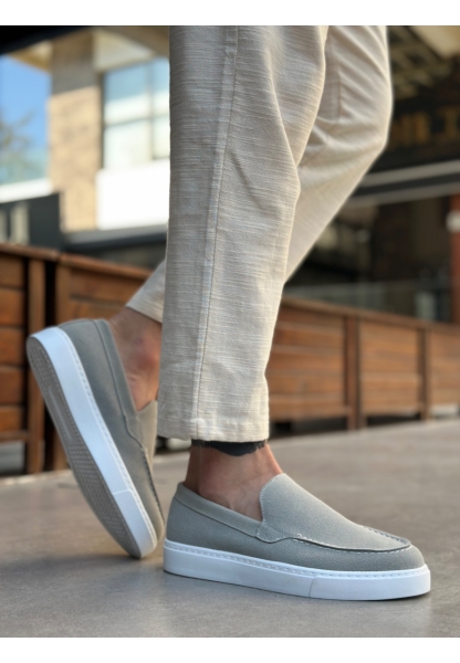 MirgeShoes Gri Bağcıksız Erkek Loafer Ayakkabı Kalın BYZ Taban MRG010602559
