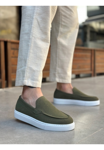 MirgeShoes Haki Bağcıksız Erkek Loafer Ayakkabı Kalın BYZ Taban MRG010602559