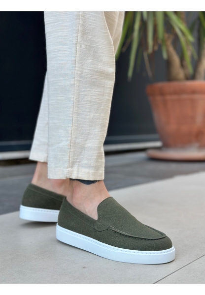 MirgeShoes Haki Bağcıksız Erkek Loafer Ayakkabı Kalın BYZ Taban MRG010602559