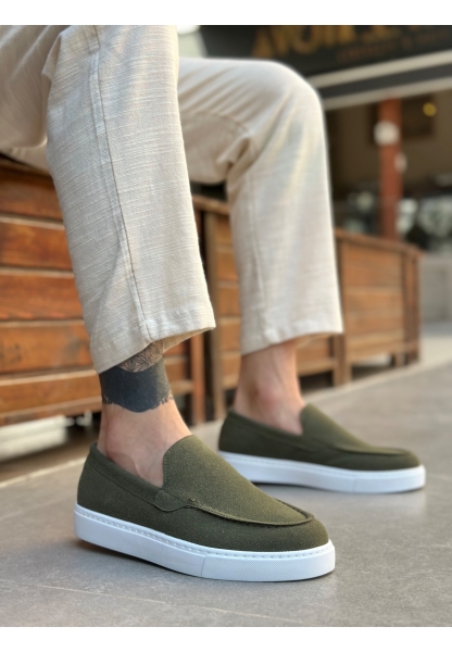 MirgeShoes Haki Bağcıksız Erkek Loafer Ayakkabı Kalın BYZ Taban MRG010602559