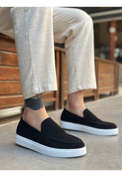 MirgeShoes Siyah Bağcıksız Erkek Loafer Ayakkabı Süet Kalın BYZ Taban MRG010602559