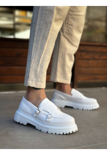 MirgeShoes Beyaz Tokalı Erkek Klasik Casual Ayakkabı Cilt Yüksek BYZ Taban MRG010602560