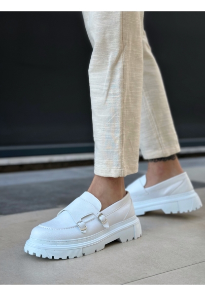 MirgeShoes Beyaz Tokalı Erkek Klasik Casual Ayakkabı Cilt Yüksek BYZ Taban MRG010602560