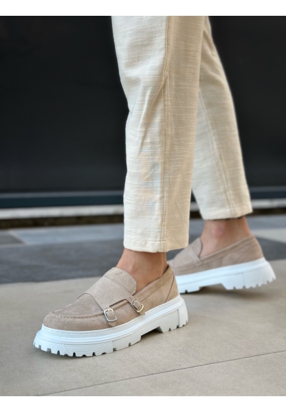 MirgeShoes Krem Tokalı Erkek Klasik Casual Ayakkabı Süet Yüksek BYZ Taban MRG010602560