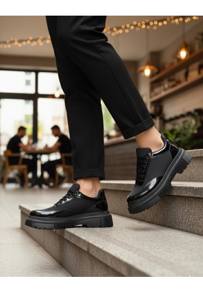 MirgeShoes Siyah Bağcıklı Rugan Erkek Ayakkabı Paraşüt Detaylı Yüksek SYH Taban MRG010602561