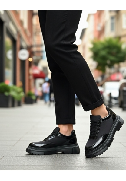 MirgeShoes Siyah Bağcıklı Rugan Erkek Ayakkabı Paraşüt Detaylı Yüksek SYH Taban MRG010602561