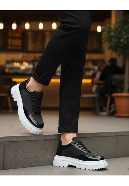 MirgeShoes Siyah Bağcıklı Rugan Erkek Ayakkabı Paraşüt Detaylı Yüksek BYZ Taban MRG010602561